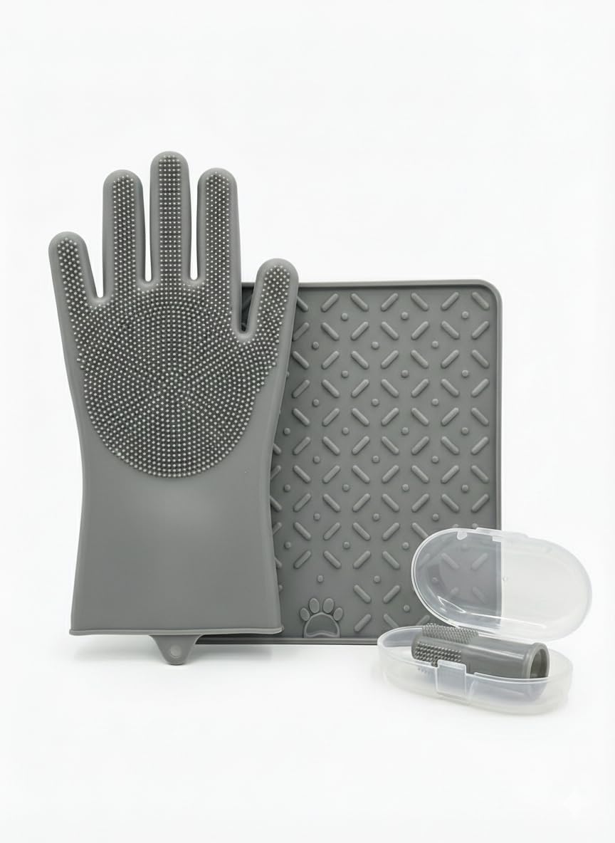 3-in-1 Stress-Free Dog Bathing Kit – Silicone Grooming Gloves, Suction Lick Mat, and Dental Brush – Complete Pet Spa Set for Anxious Dogs (Grey)