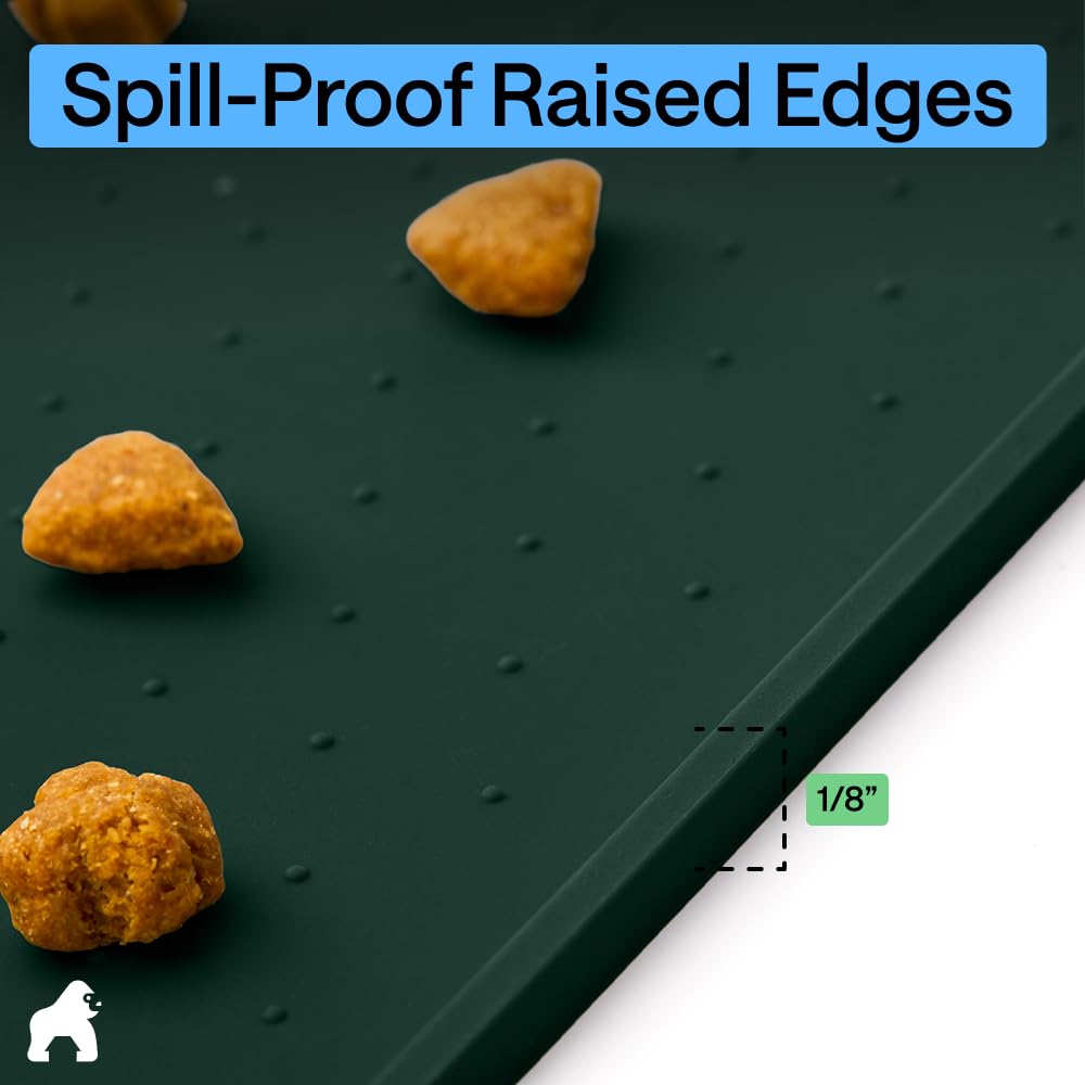 GORILLA GRIP 100% Waterproof Raised Edge BPA Free Silicone Pet Feeding Mat, Dog Cat Food Mats Contain Spills Protects Floors, Placemats for Cats and Dogs Water Bowl, Pets Accessories 23x15 Green