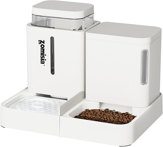 ZOMISIA Gravity Cat Feeder and Water Dispenser, 2 in 1 Cat Self Feeder with 180 Degree Rotatable, Automatic Feeding Large Capacity for Small Medium Dog Puppy Kitten, White & Green
