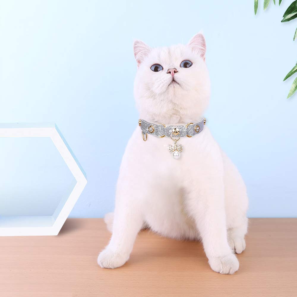 PetsHome Cat Collar, Dog Collar, [Bling Rhinestones] PU Leather Adjustable Pet Collar with Luxury Pendant for Big Cat and Small to Medium Dog Small Silvery
