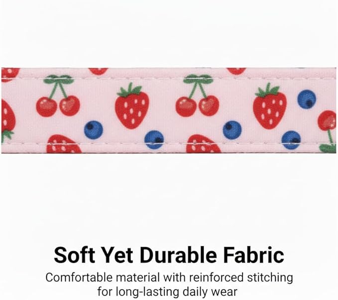 Britwicfr Pink Dog Collar, Female Dog Collar for Large Dogs with Strawberry, Cherry and Blueberry Print, Spring Summer Collar Made of Durable Soft Fabric, L