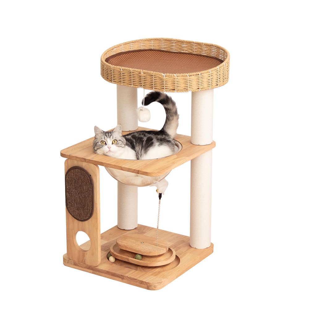 PETTIFUL Wood Cat Tree for Large Cats, Modern Cat Tree Tower with Wide Shelves Cotton Scratching Posts, Super Sturdy Base, Cozy Perches, and Interactive Toys for Indoor Kittens 31-Inch