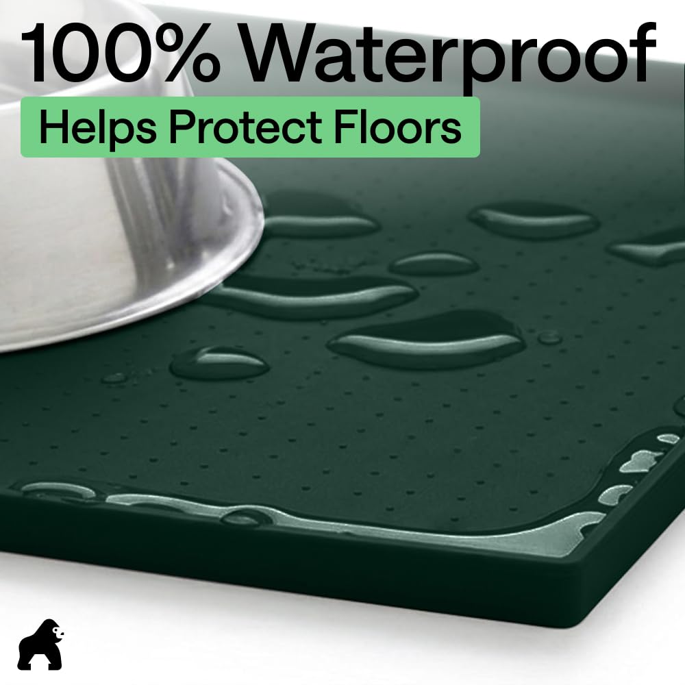 GORILLA GRIP 100% Waterproof Raised Edge BPA Free Silicone Pet Feeding Mat, Dog Cat Food Mats Contain Spills Protects Floors, Placemats for Cats and Dogs Water Bowl, Pets Accessories 16x10, Green