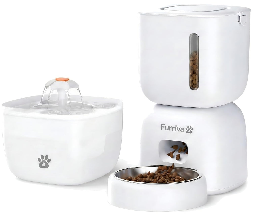 Automatic Cat Feeder and Water Fountain Set, White - 3L Feeder & 2L Fountain, Stainless Steel Bowl, Locking Lid, Plug-in/Battery Powered, 4 Meals/Day, 10s Voice Recorder for Cats and Small Dogs