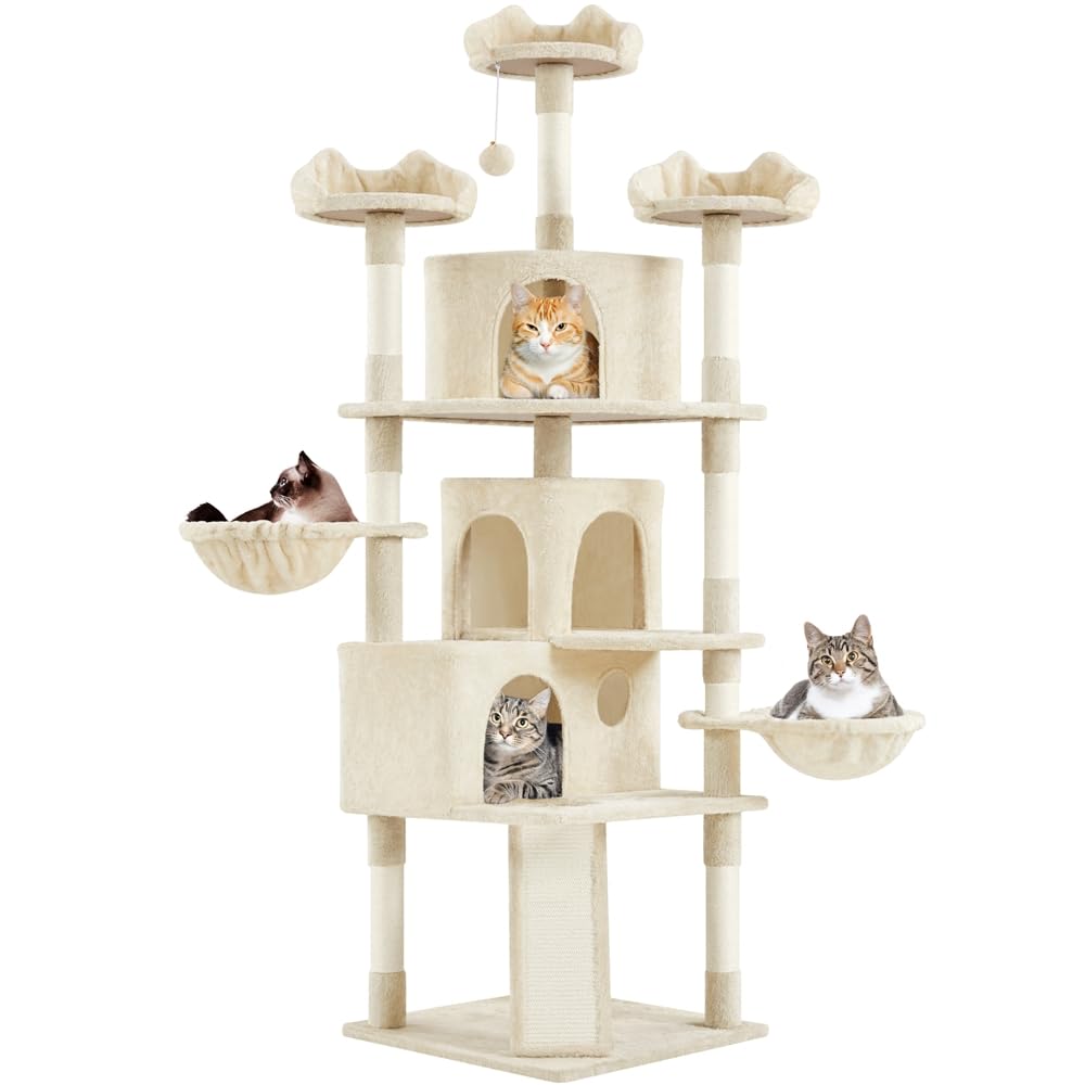 Yaheetech 76.5in Multi-Level Large Cat Tree, Big Cat Tower with 3 Condos, Cozy Plush Perches, 9 Sisal Scratching Posts and Ladder, Activity Center for Large Kitties, Beige
