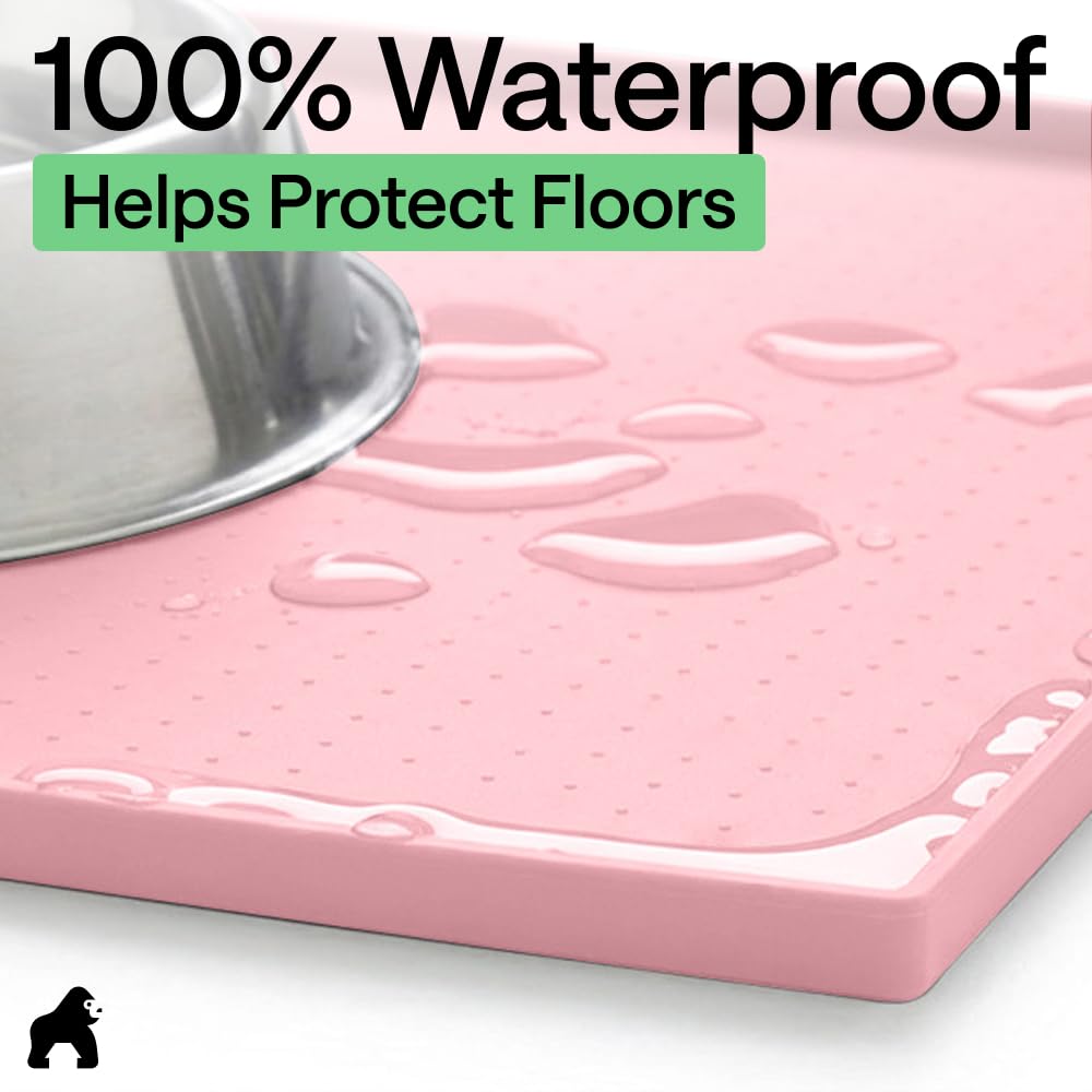 GORILLA GRIP 100% Waterproof Raised Edge BPA Free Silicone Pet Feeding Mat, Dog Cat Food Mats Contain Spills Protects Floors, Placemats for Cats and Dogs Water Bowl, Pets Accessories 18.5x11.5 Pink