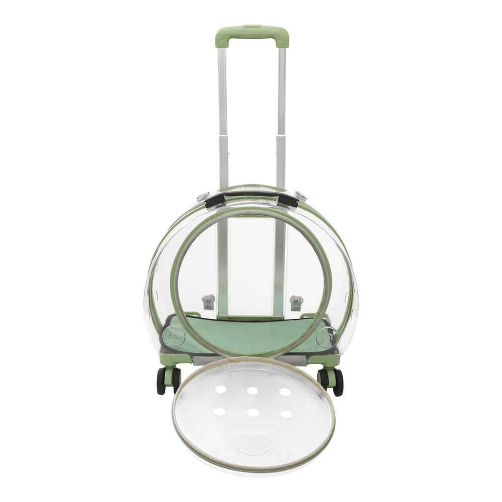 Transparent & Fully Breathable Hard Cat Carrier with Rolling Wheels, Multiple Carrying Carrier for Cats, Dogs, Or Bunnies for Traveling, Taking a Walk, Applicable Weighing up to 19.84lbs (Green,Clear)