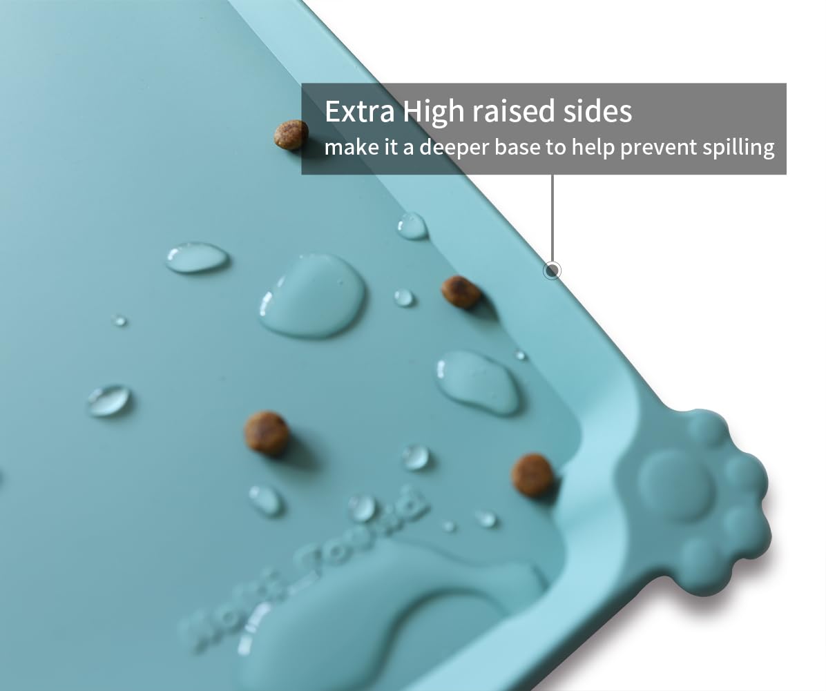 Hoki Found Silicone Non Slip Pet Food Mats - Dog Cat Bowl Placemats - Waterproof for Carpet - Light Turquoise