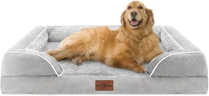 Comfort Expression Orthopedic Dog Bed for Extra Large Dogs 42x30 Inch, Waterproof Egg Crate Foam XL Pet Bed with Removable Bolsters, Dog Couch with Washable Cover & Non-Slip Bottom, Grey White