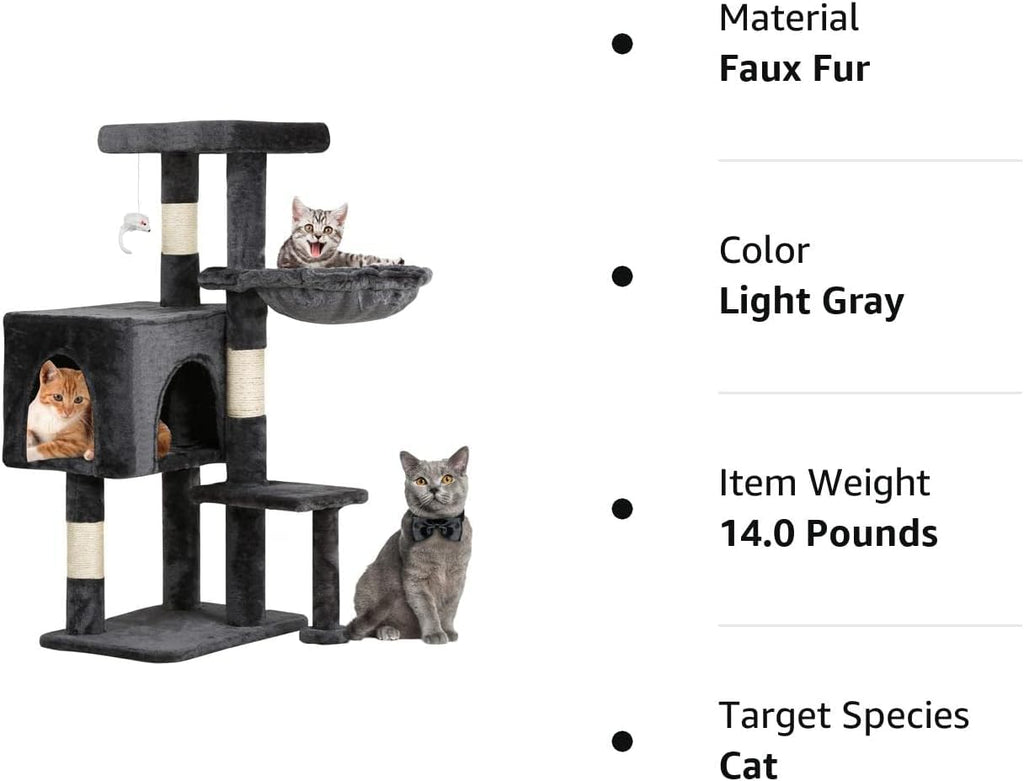 BestPet | 37" Cat Tree Tower | Light Gray | Sturdy Multi-Level Cat Tree with Plush Condo, Cozy Perch, Sisal Scratching Posts, Hanging Toy and Hammock | Easy Assembly | for Kittens & Adult Cats