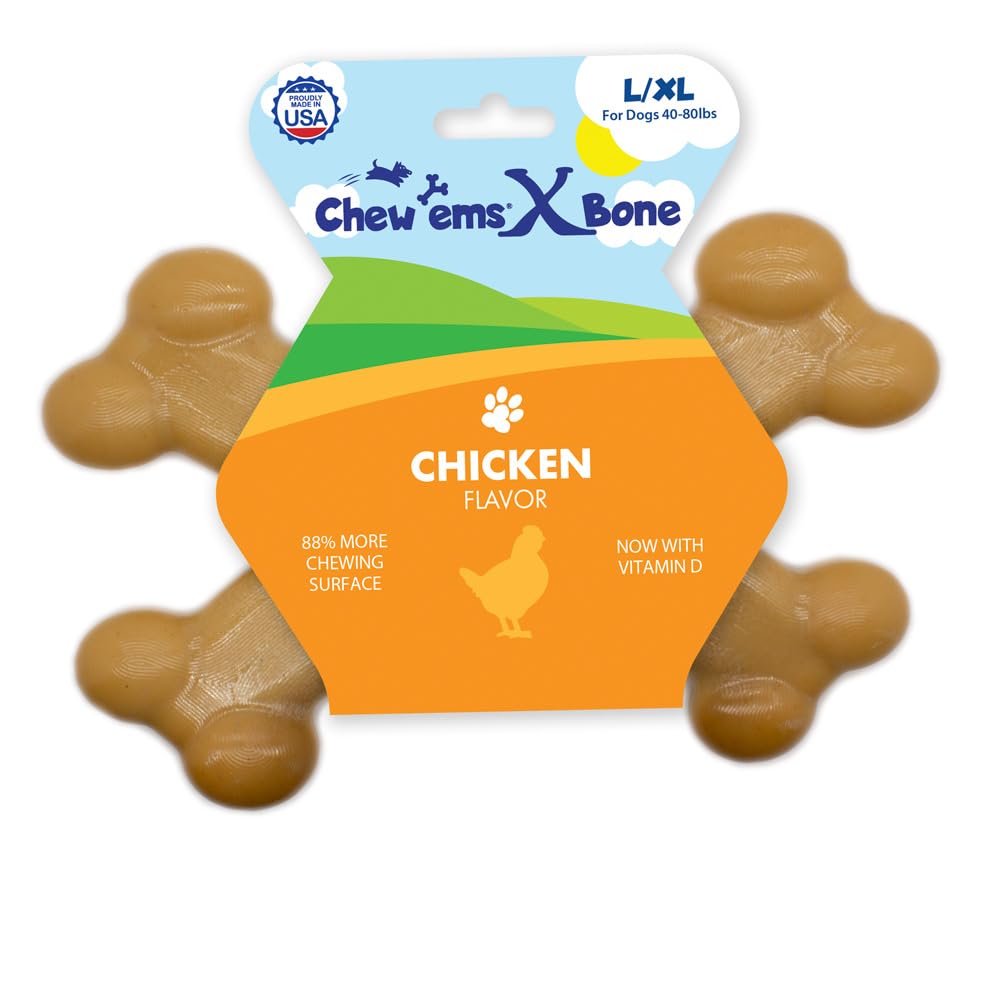 Chew’EMS X Bone Dog Chew Toy for Aggressive Chewers – Long-Lasting Chicken Flavor Nylon Bone – Durable, Rawhide-Free Dental Toy - Giant Size – Made in USA