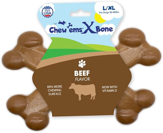 Chew’EMS X Bone Dog Chew Toy for Aggressive Chewers – Long-Lasting Beef Flavor Nylon Bone – Durable, Rawhide-Free Dental Toy - Large Size – Made in USA