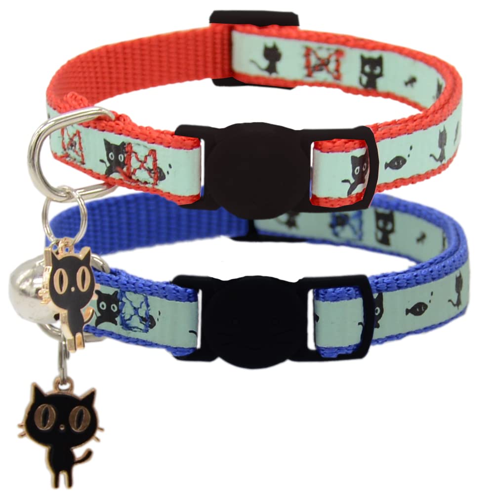 2 Pack Glow in The Dark Cat Collar with Bell Breakaway Safety Cat Puppy Collars with Pendant Black and Pink