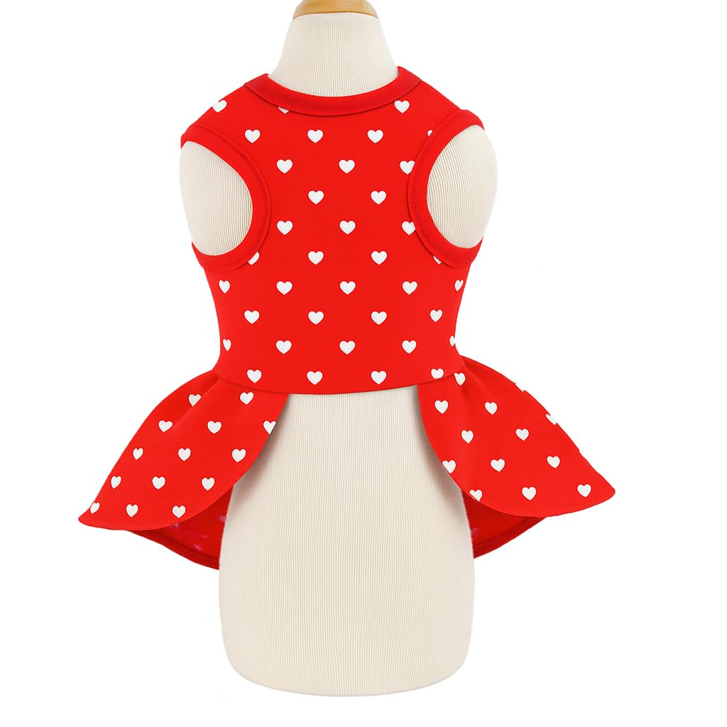 Valentine's Day Red Dog Dress, Cute White Heart Print & Satin Bow for Small Puppies, Pet Costume Party Outfit