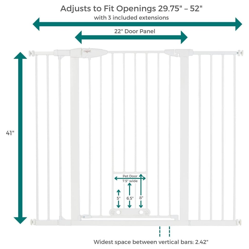 MYPET EasyPass Extra Tall & Wide Walk Thru Pet Gate: 29.75” - 52” Wide Dog Gate with Adjustable Pass-Thru Pet Door; Pressure Mounted, No Tools Needed, 41" Tall, White
