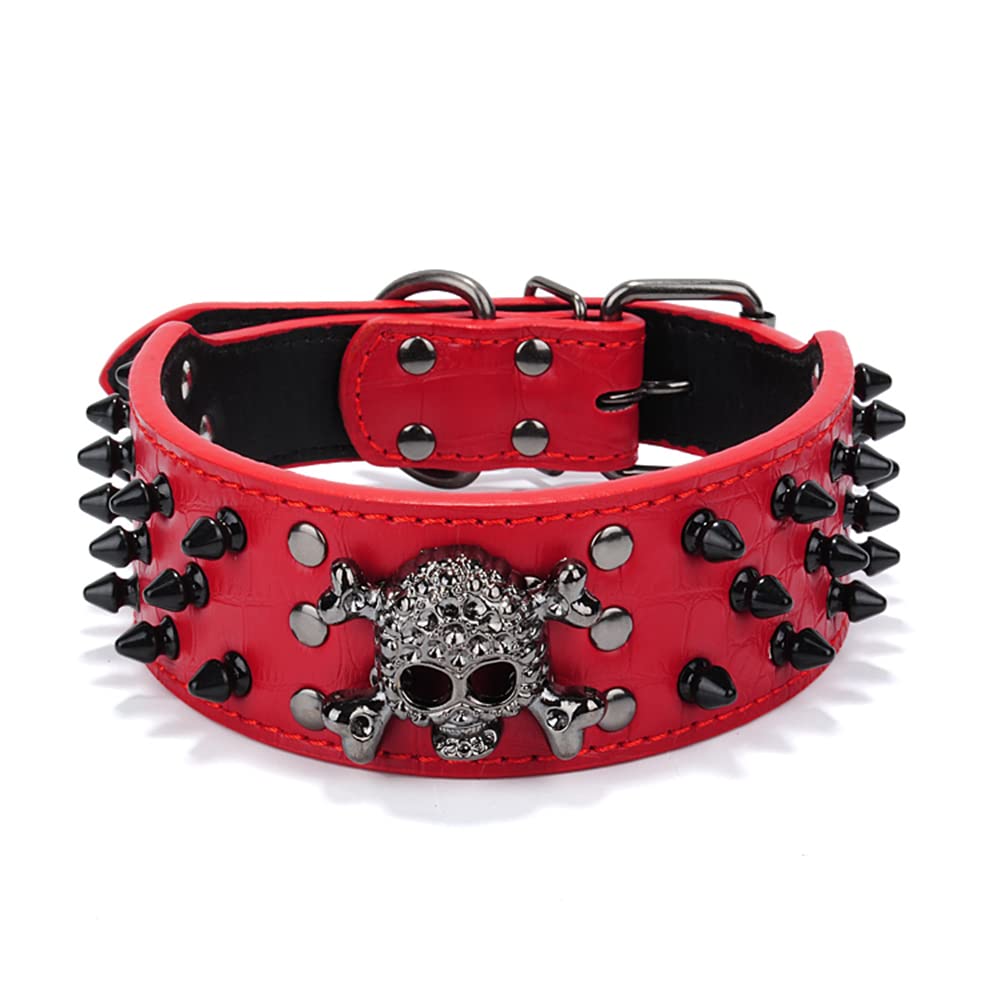 Serijoars Spiked Studded Dog Collar, PU Leather Dog Collar, Adjustable Pet Collars for Medium or Large Breed Pet (L, Red2)
