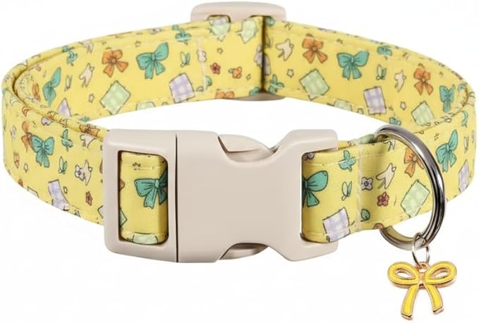 Britwicfr Dog Collars for Medium Dogs, Yellow Dog Collar with Cute Bow Print and Charm, Adjustable Medium Collar for Girl Female Dogs