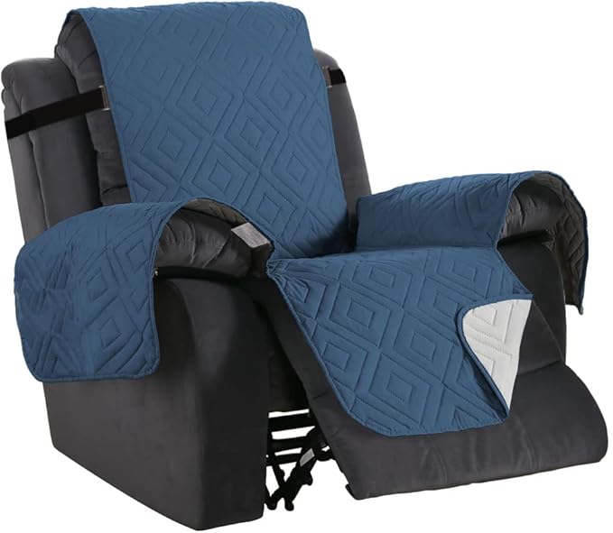 H.VERSAILTEX Reversible Quilted Recliner Covers Water Resistant Furniture Protector for Reclienr Chair with Elastic Straps for Pets Kids Sitting Width Up to 28"(Oversized Recliner, Dark Blue/Beige)