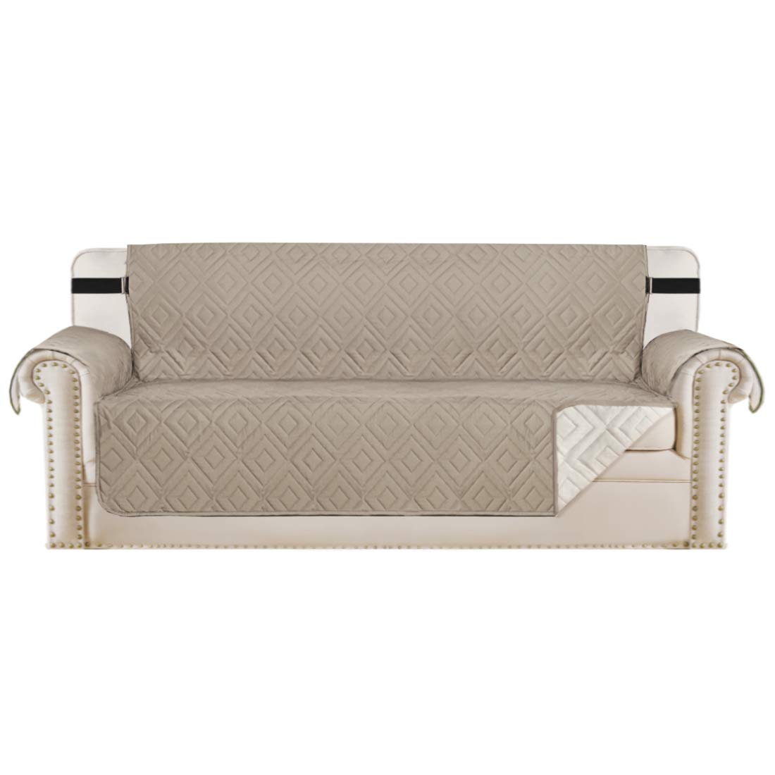 H.VERSAILTEX Reversible Sofa Slipcover Furniture Protector Water Resistant 2 Inch Wide Elastic Straps Sofa Cover Couch Covers Pets Kids Fit Sitting Width Up to 66" (Sofa: 75" x 110", Khaki/Beige)
