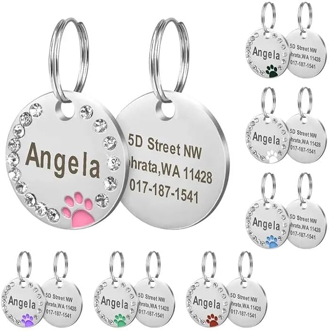 Personalized Dog/Cat Cute Paw Pet ID Tag for Pet Collar or Key Chain - Custom Laser Engraved Unique Dog/cat Name tag with Phone Number (Blue, Crystals Round-Small)