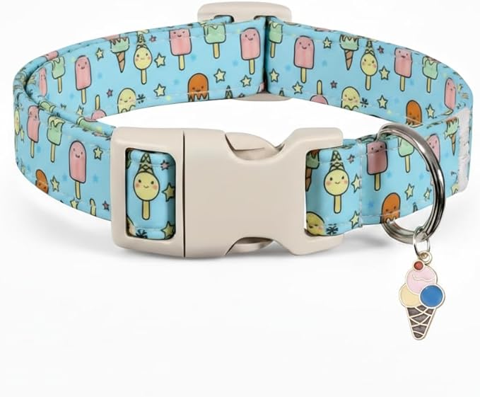 Britwicfr Small Dog Collar, Cute Dog Collar with Ice Cream Print and Charm for Girls Boys Dogs, Adjustable Blue Pet Collar for Small Dogs, Spring Summer Design Collar, S