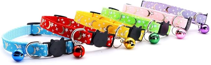 Reflective Cat Collars Breakaway with Bell 2-Pack Girl Boy Pet Kitten Collar with Star Moon Patetrn Adjustable 7.5-12.5 Inch (Yellow)