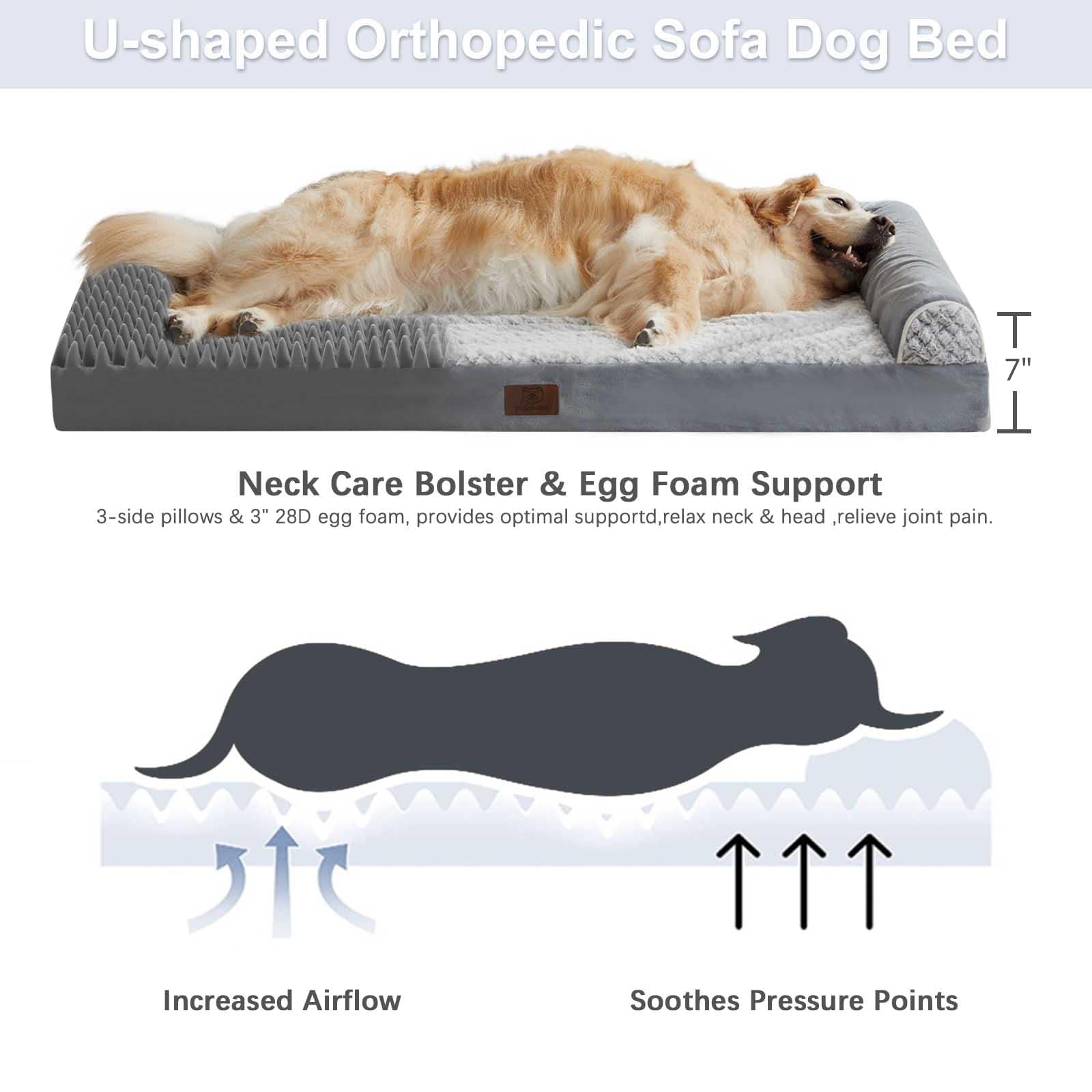 WNPETHOME Orthopedic Dog Beds for Extra Large Dogs, Waterproof Memory Foam XL Pet Bed with Sides, Non-Slip and Egg-Crate Foam Big Dog Couch Bed with Washable Removable Cover, Grey