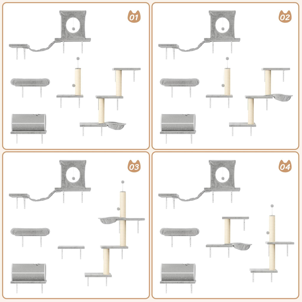 NUNU LAB Cat Wall Shelves, 7 Pcs Wall-Mounted Cat Climber Set, Gray