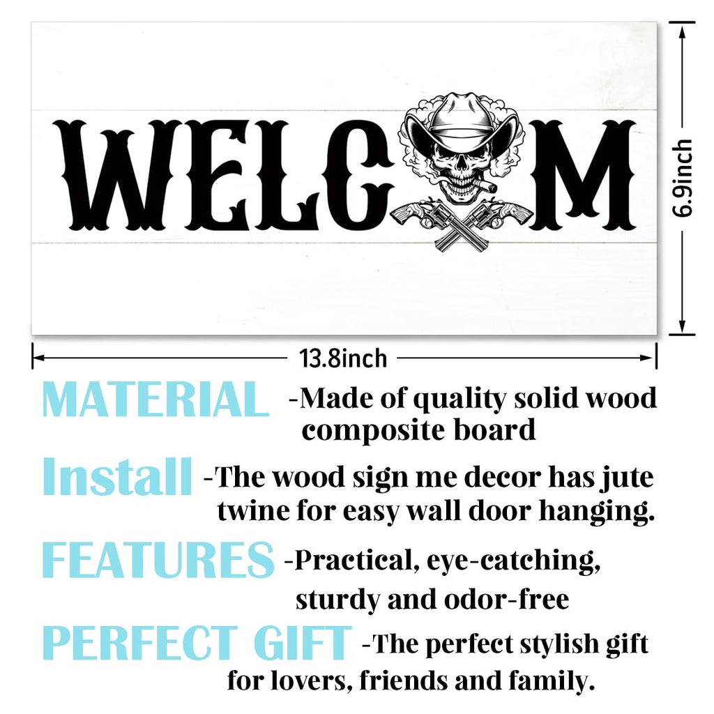 Welcome Sign for Front Door, Welcome Decor Wooden Hanging Sign for Wall Decor, CowBoy Skeleton Pattern Hanging Signs, Funny Wooden Outdoor Front Door Decoration 13.8X6.9 inches