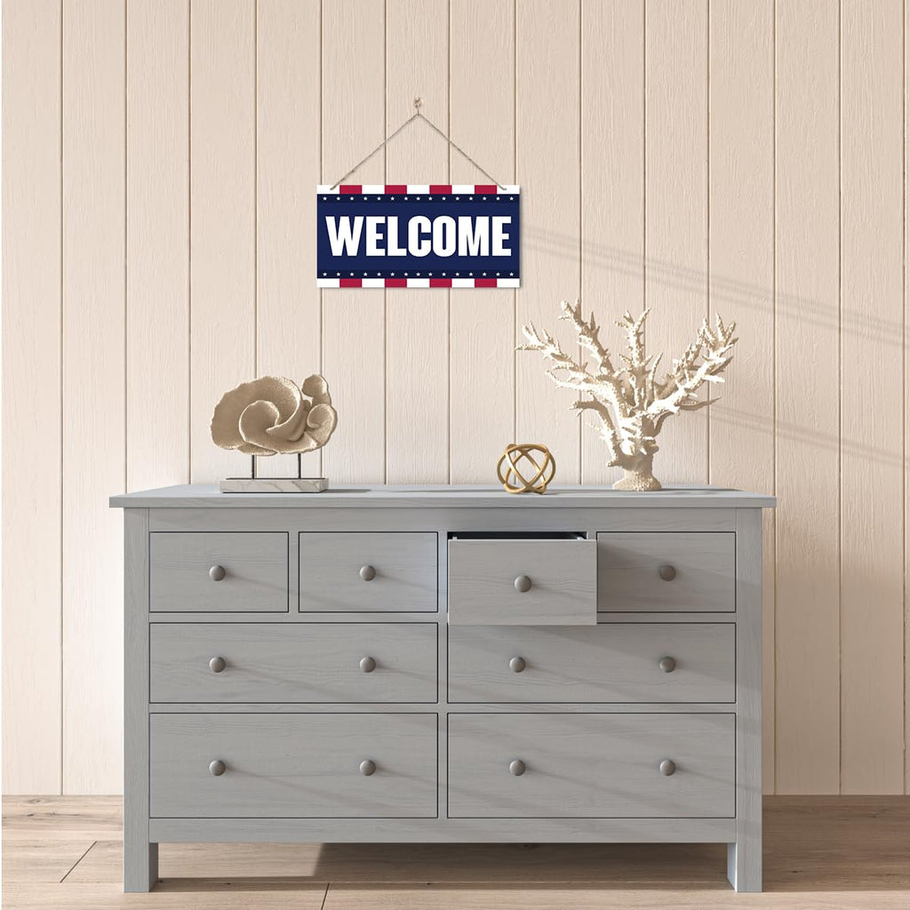 Welcome Sign for Front Door, Welcome Decor Wooden Hanging Sign, Patriotic American Theme Wall Hanging Decor, Funny Wooden Outdoor Front Door Decoration 13.8X6.9 inches