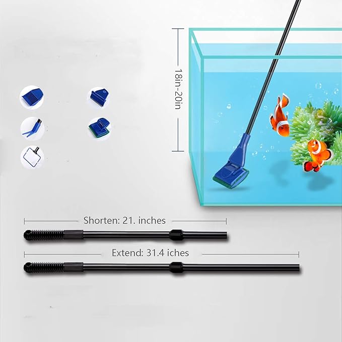 JZMYXA Aquarium Cleaning Tools Kit 5 In 1 Function for Long Deep Fish Tank, Adjustable Length Rod, Including Algae Scrape, Cleaning Sponge, 3.9" Small Fishnet, Gravel Rake, Plant Fork