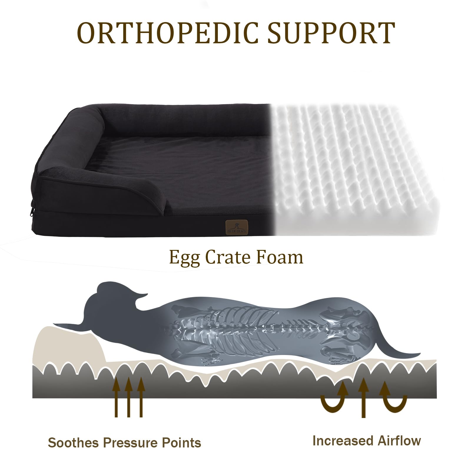 Bedfolks Orthopedic Dog Bed, Big Waterproof Dog Sofa Bed for Large Dogs, Egg Foam Pet Couch Bed with Removable Washable Cover and Nonslip Bottom, Black