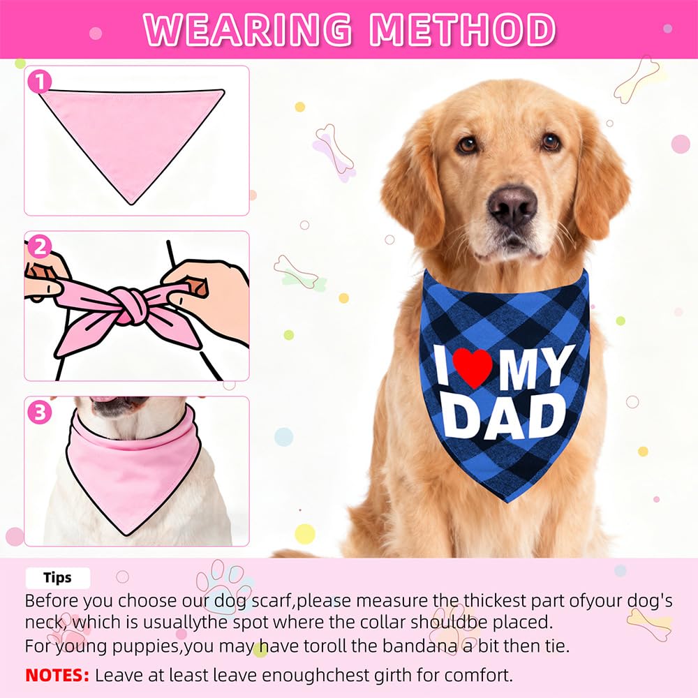 GreenJoy Cute Plaid Dog Bandana – Washable Pet Triangle Scarf for Small, Medium, Large Dogs and Cats, Adjustable Pet Accessory for Birthday, Wedding and Christmas (Blue (I Love My Dad), Small)