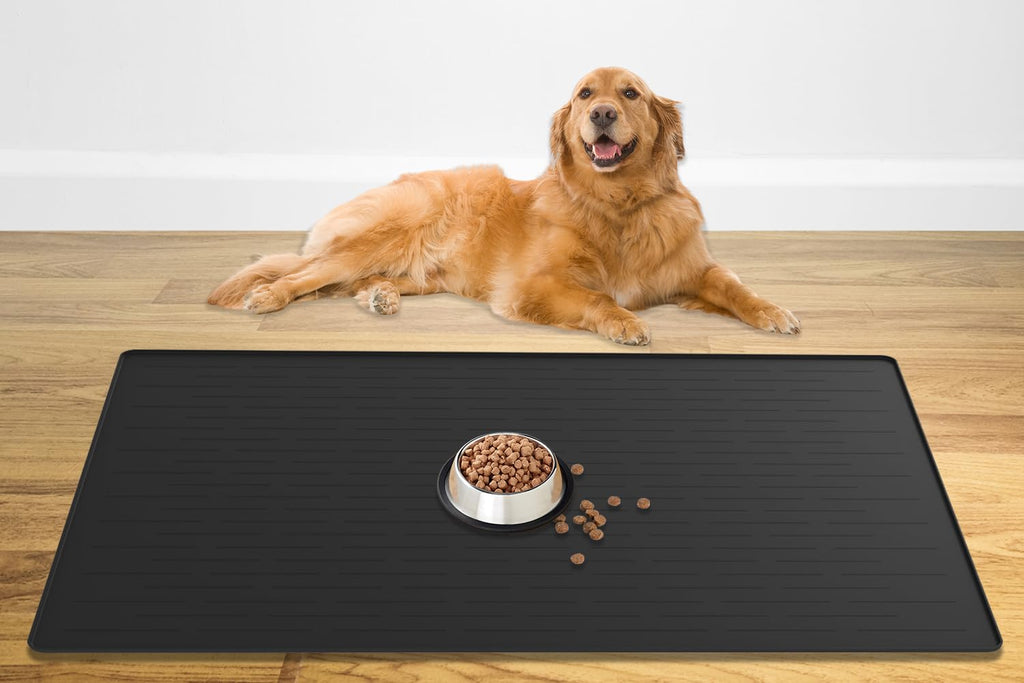 48" x 32" XXXL Largest Pet Food Mat, Silicone Dog Mats for Food and Water, Nonslip Pet Feeding Mats for Floors,Dog Cat Bowl Mat with Raised Edges, Black