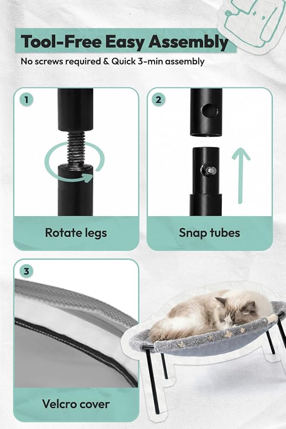 POMESEA Elevated Cat Bed, Glow-in-The-Dark Fabric Cat Hammock Bed for Large Indoor Cats, Machine Washable & Breathable Cover, Tool Free Easy Assembly, up to 66Lbs (Gray, L)