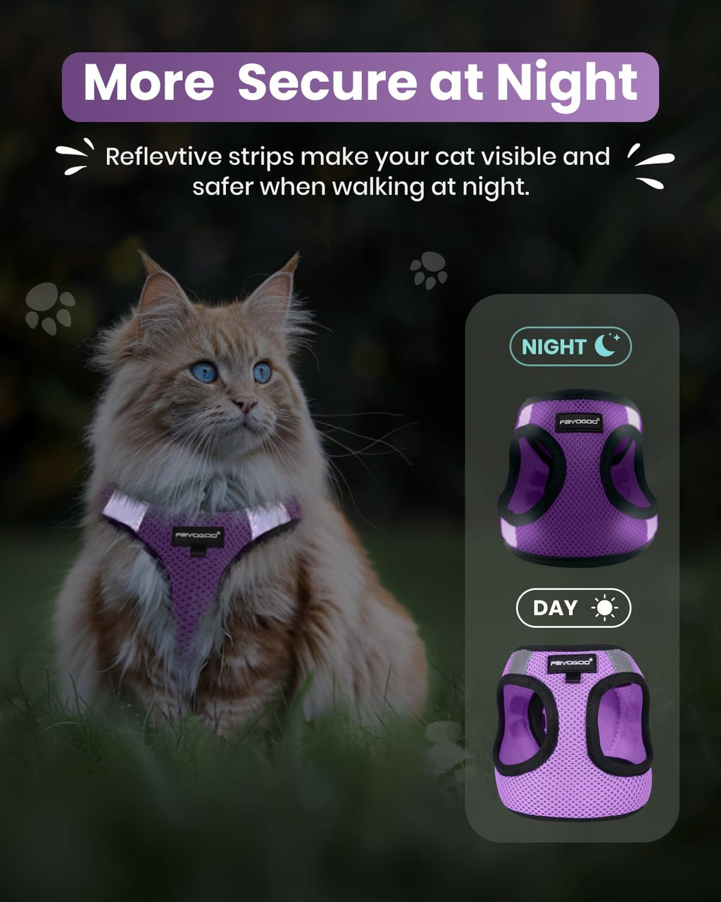 FAYOGOO Cat Harness, Cat Leash and Harness Set for Walking Escape Proof, Harness for Small Cats/Small Dogs, Large Kitten/Puppy Harness and Leash, Harness for Cats,XXL(Modern Violet, Medium)