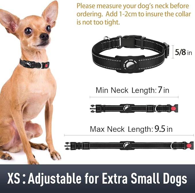 Erbine AirTag Dog Collar with AirTag Holder Compatible for Air Tag, Reflective Soft Padded, Safety Locking Buckle, Adjustable Nylon for Small Medium Large Dogs (Black,XS)