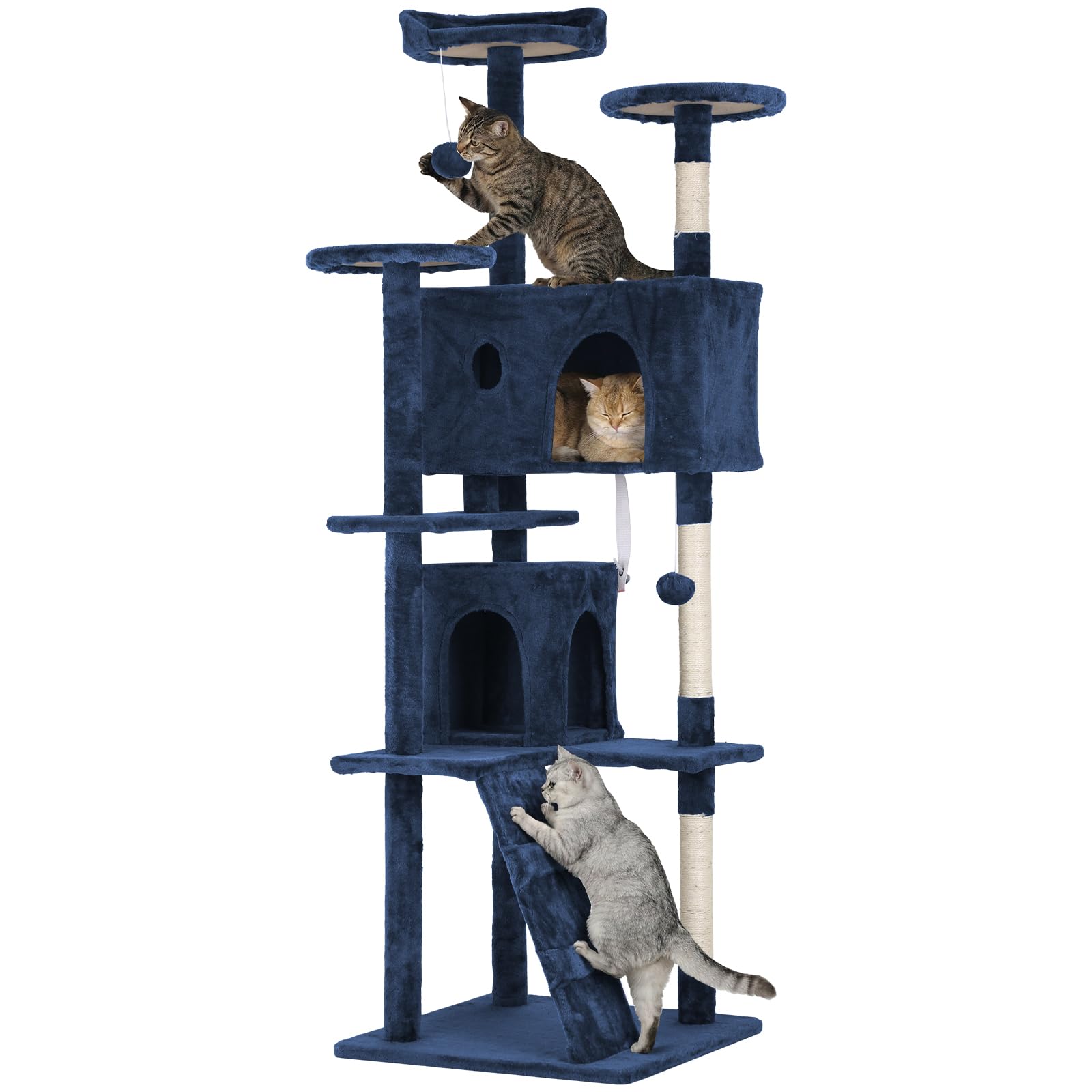 70in Cat Tree Cat Climbing Tower with Scratching Post, Cats House Perch Kitten Tree Condo Wood Playhouse, Pet Trees Tower for Indoor Cats, Navy Blue