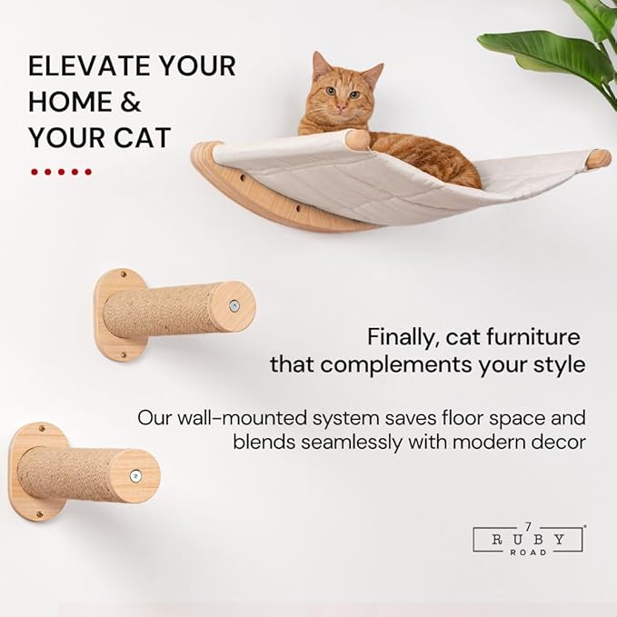 7 Ruby Road Cat Wall Shelves for Large Cats - Hammock and Steps Set