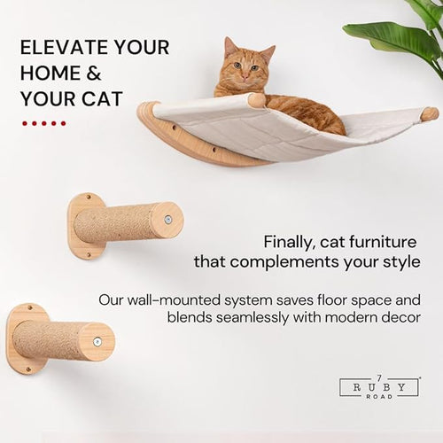 7 Ruby Road Alto Cat Wall Hammock Set — Wall Mounted Cat Shelves & Furniture with Climbing Steps for Large Cats, Holds 35 lbs, Indoor Climbing & Lounging, Replaceable Cushion