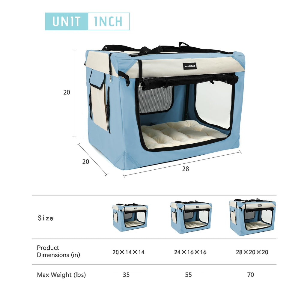 Sivlefoss Collapsible Travel Dog Crate Portable Soft-Sided Pet Kennel Extra Large Cat Carrier with Soft Plush Fur Mat for Indoor and Outdoor,28x20x20in Sky Blue