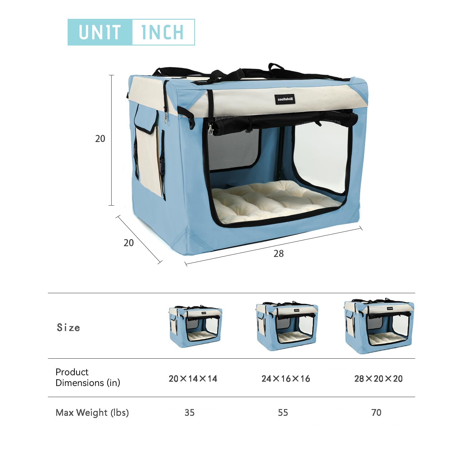 Sivlefoss Collapsible Travel Dog Crate Portable Soft-Sided Pet Kennel Extra Large Cat Carrier with Soft Plush Fur Mat for Indoor and Outdoor,28x20x20in Sky Blue