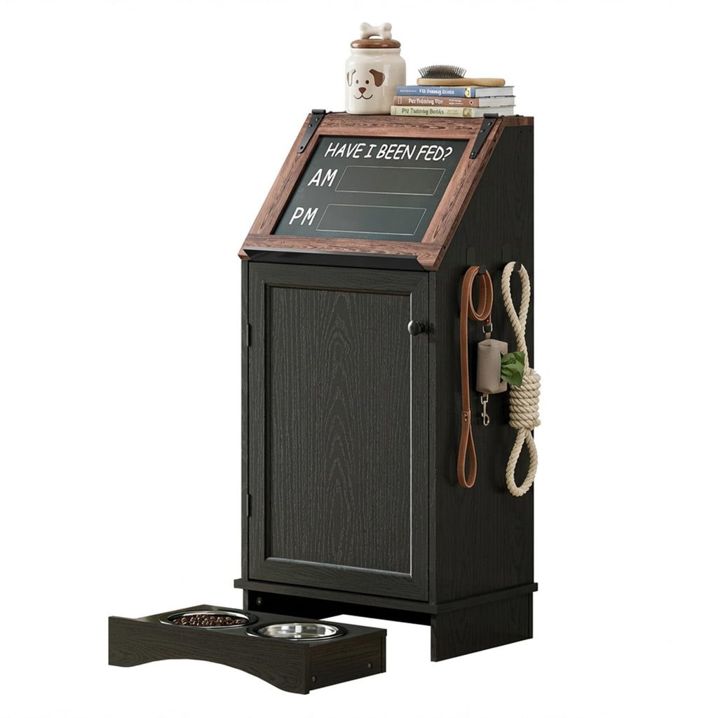 Furnivio Dog Food Feeding Station with Storage, Pet Food Storage Cabinet with Bowls and Flip-Top Blackboard, Hidden Trash Can, Pet Organizer Cabinet for Dog and Cat, Black