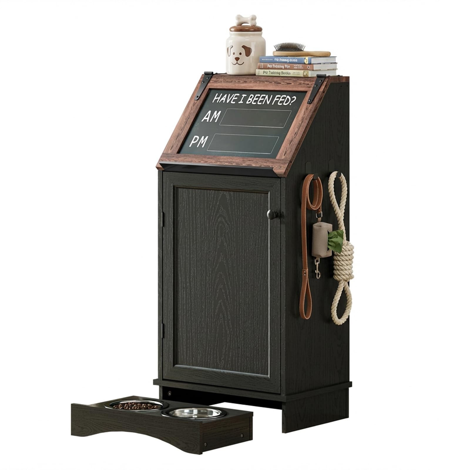 Furnivio Dog Food Feeding Station with Storage, Pet Food Storage Cabinet with Bowls and Flip-Top Blackboard, Hidden Trash Can, Pet Organizer Cabinet for Dog and Cat, Black
