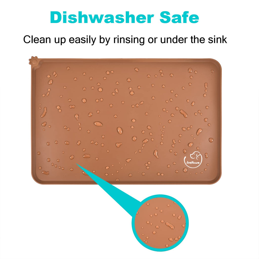 Juqiboom Silicone Waterproof Dog Cat Pet Feeding Mats, Non Slip, Easy Clean Pet Dog Cat Bowl Mats Placemat (24" x 16") Brown
