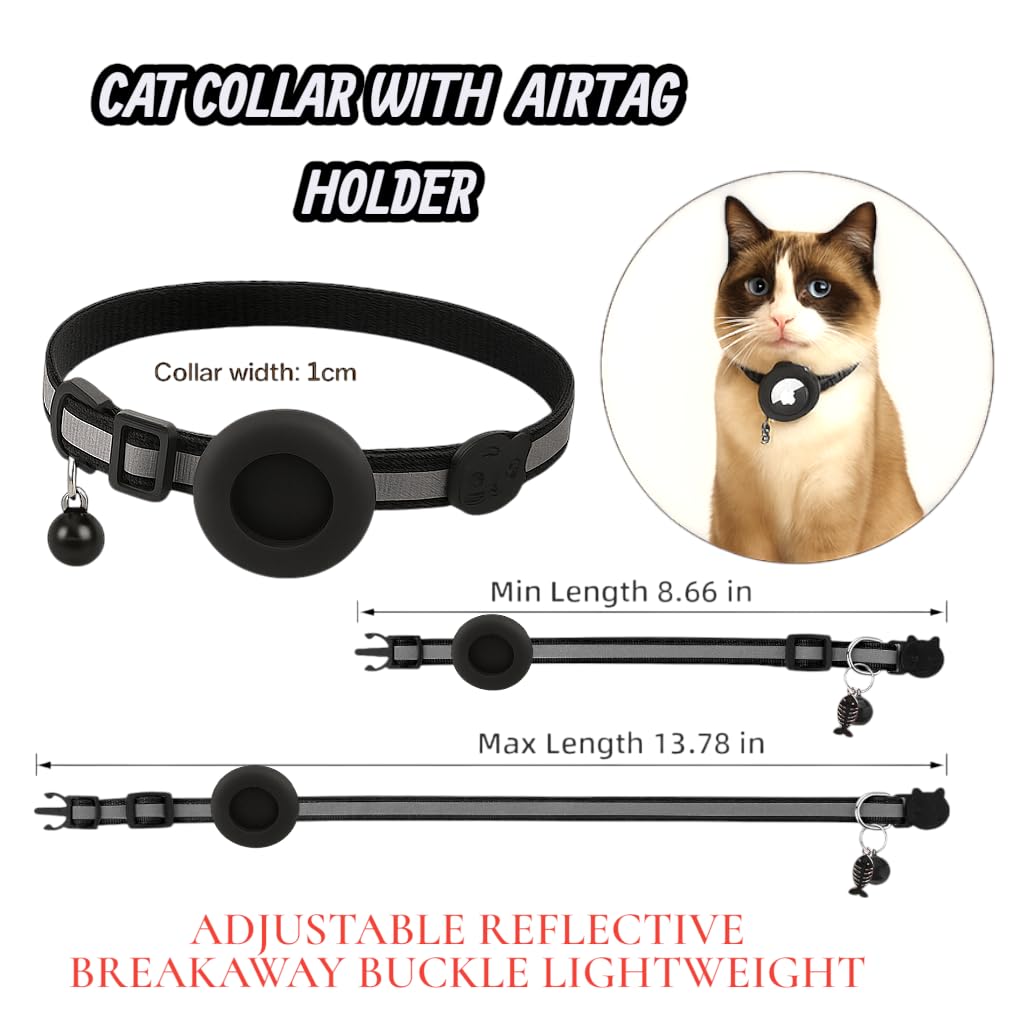 AirTag Cat Collar Breakaway with Apple Air Tag Holder & Bell - Reflective Adjustable Kitten Collar, Lightweight Nylon Safety Release Buckle for Boy Girl Cats, Indoor Outdoor (Fits 8-11 in)