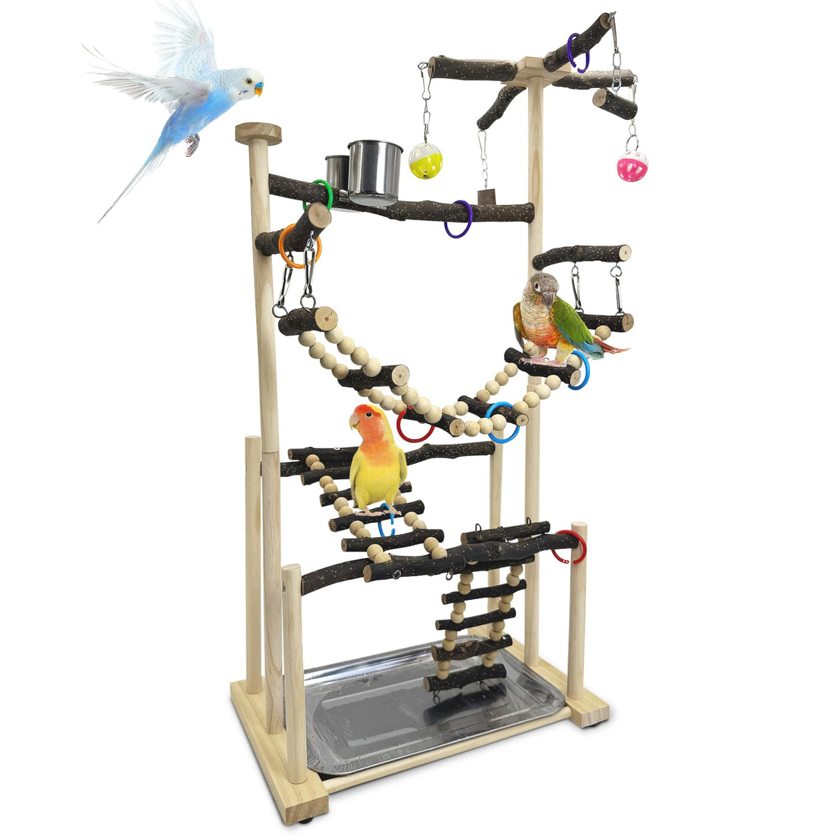 kathson Bird Playground Parrot Perch Stand Toys, Birds Wood Play Gym Activity Center Exercise Playpen Ladder Swing with Feeder Cups Chewing Toy(Include a Tray)