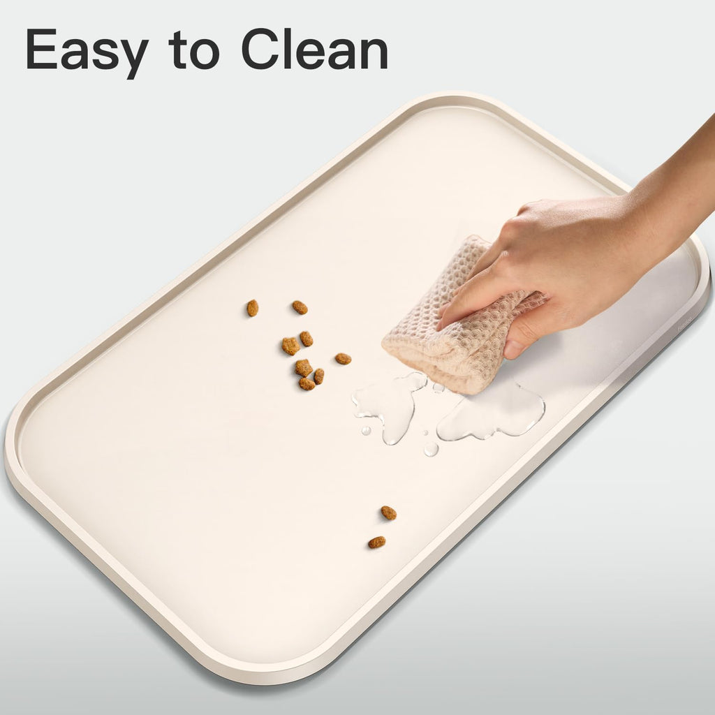Feedoo Pet Feeding Mat [Warped Resistant Raised Edge], Water-Proof Silicone Placement for Food Water Bowls, Anti-Slip Base Protect Floor, BPA-Free&Dishwasher-Safe [28.5x16.5inch XL, Sand White]
