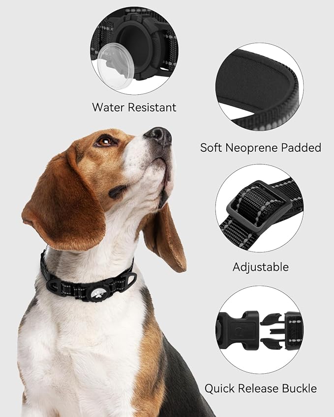 Joytale Airtag Dog Collar, Reflective Pet Collar with Waterproof AirTag Holder, Dual D-Rings, Soft Padded Adjustable for Small Dogs, Black, S