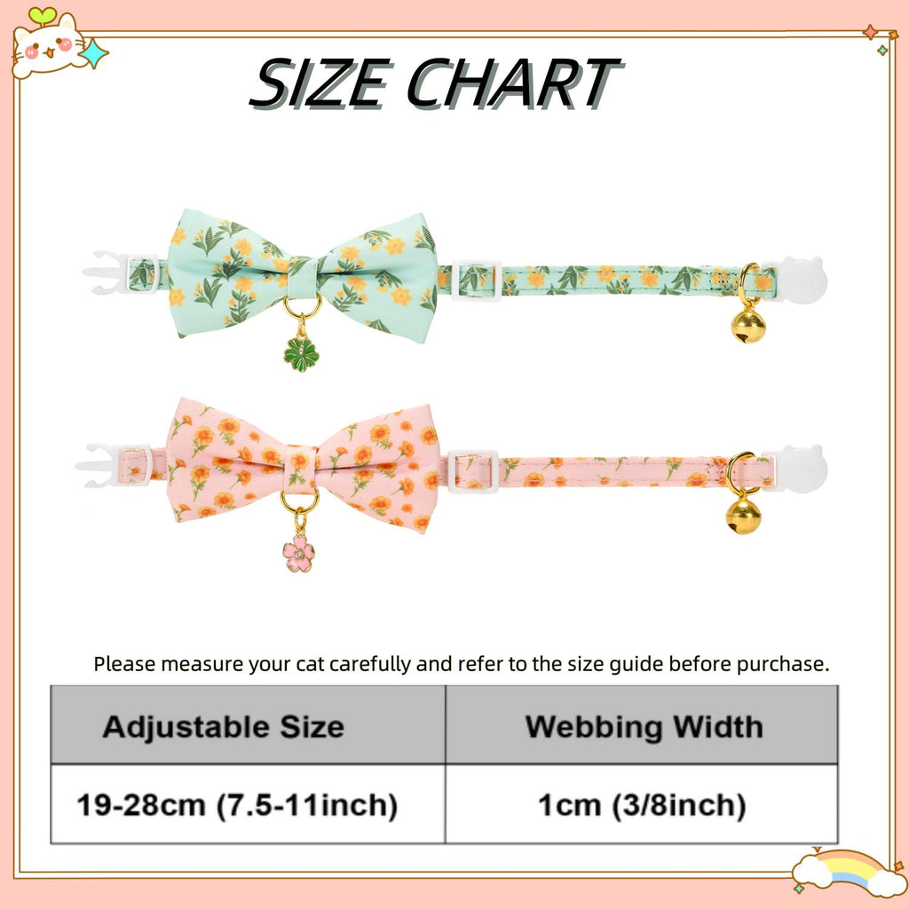 Ewinoom 2 Pack Floral Cat Collars with Bow Tie and Bell Adjustable Breakaway Bowtie Cute Kitten Collar(Green & Yellow Flowers)